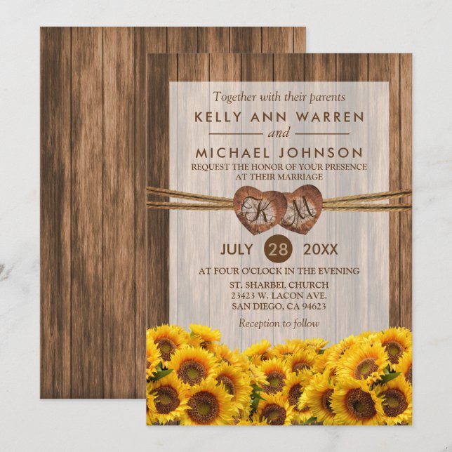 Monogram Wood Hearts with Country Sunflowers Invitation (Front/Back)