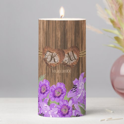 Monogram Wood Hearts with Light Purple Flowers Pillar Candle