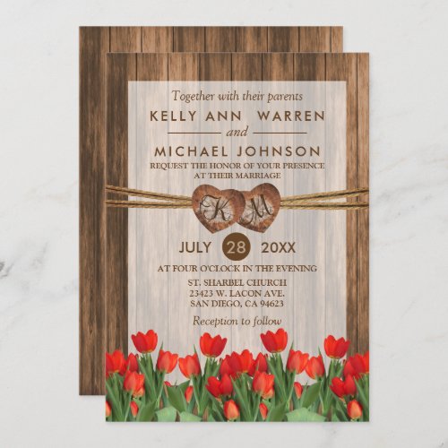 Monogram Wood Hearts with Red Tulips Invitation