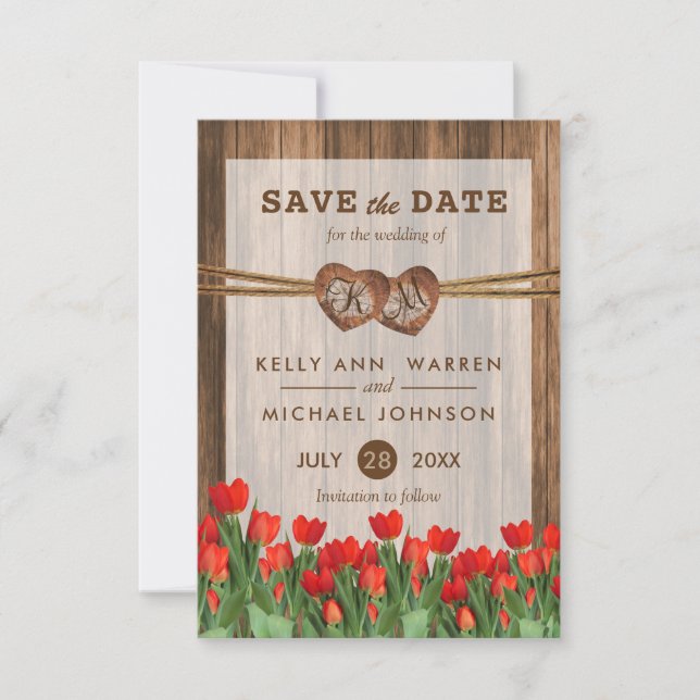 Monogram Wood Hearts with Red Tulips Save The Date (Front)