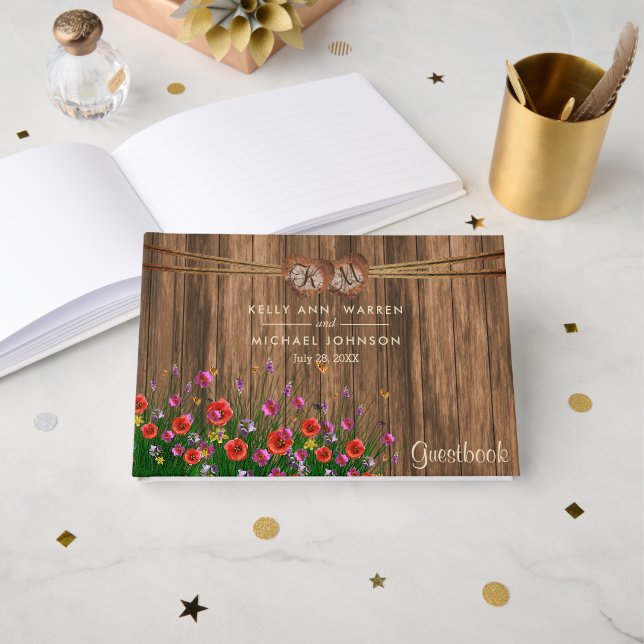 Monogram Wood Hearts with Wildflowers - Guestbook (Front Open)