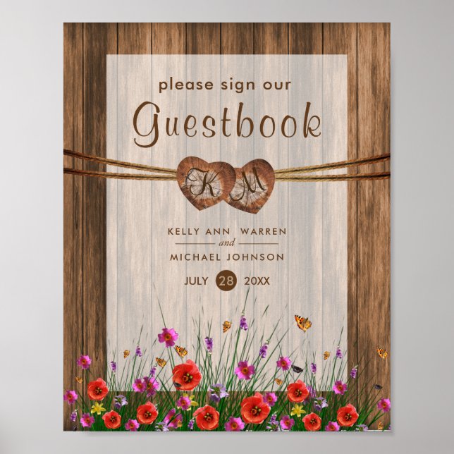 Monogram Wood Hearts with Wildflowers Poster (Front)