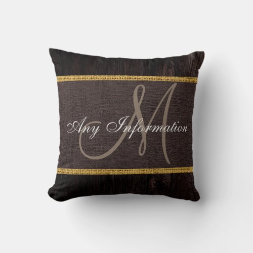 Monogram Wood Look Brown Burlap Rustic Throw Pillow