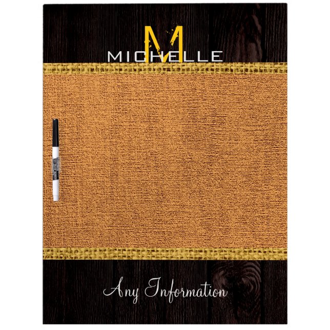 Monogram Wood Look Dark Yellow Burlap Rustic Dry Erase Board (Front)