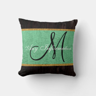 Monogram Wood Look Mint Green Burlap Rustic Throw Pillow