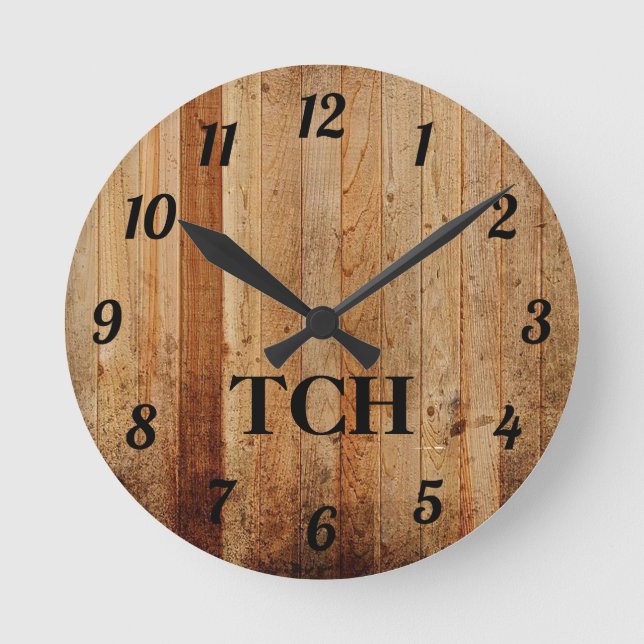 Monogram Wood Rustic Country Brown Black Round Clock (Front)
