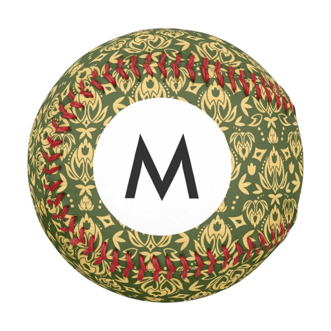 Monogram Wooden floral damask pattern background Baseball (Front Left)