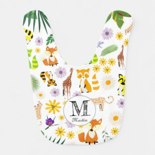 Monogram woodland animal baby boy initial script   baby bib