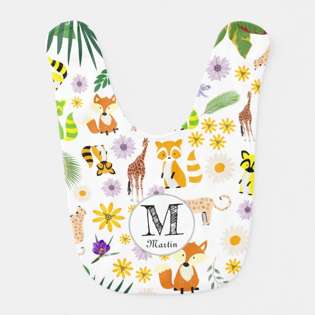 Monogram woodland animal baby boy initial script   baby bib (Front)