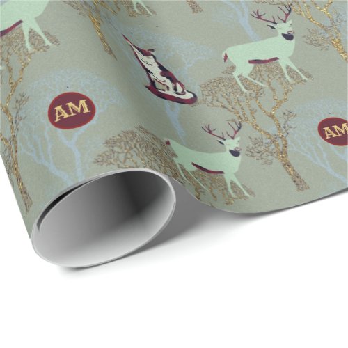 Monogram Woodland Animals Gold Trees Buffalo Plaid Wrapping Paper