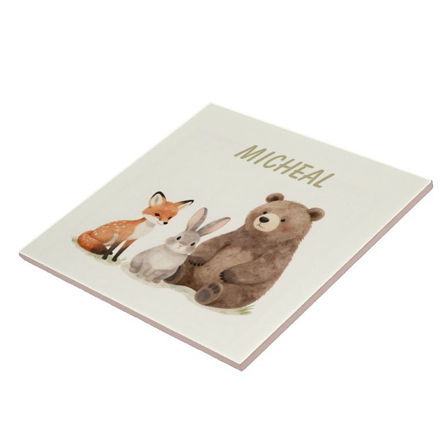 Monogram woodland forest animals  ceramic tile (Side)