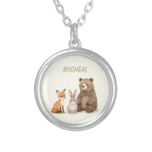 Monogram woodland forest animals silver plated necklace