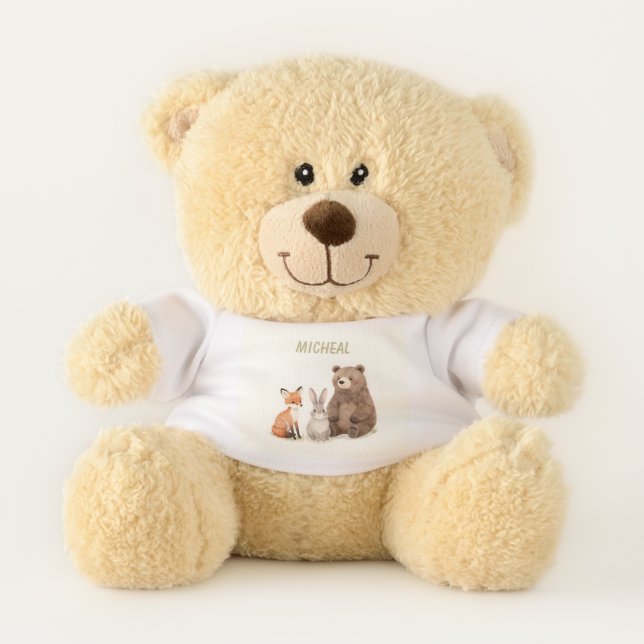 Monogram woodland forest animals  teddy bear (Front)