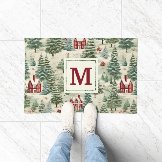 Monogram Woodland Rustic Country Christmas Cute Doormat (Indoor)