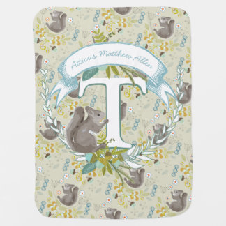 Monogram Woodland Teal MINT Garland Squirrel Acorn Stroller Blanket