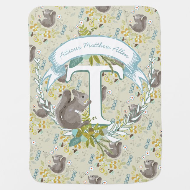 Monogram Woodland Teal MINT Garland Squirrel Acorn Stroller Blanket (Front)
