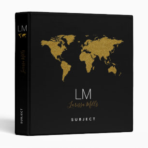 monogram + world map on black elegant 3 ring binder
