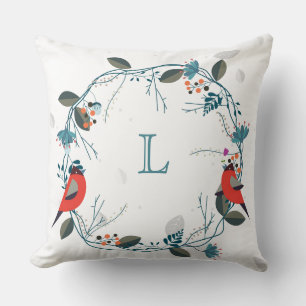 Monogram Wreath And Bird Custom Pillow