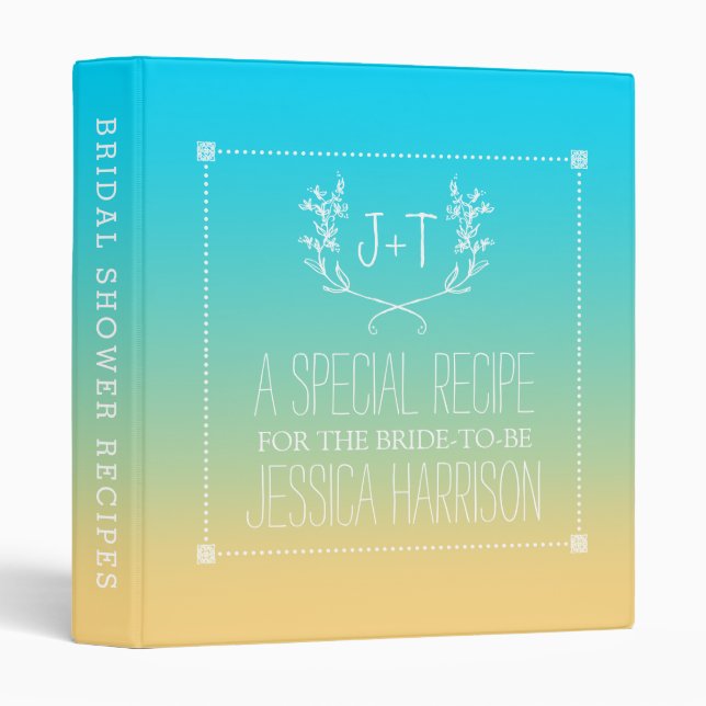 Monogram Wreath Beach Ombre Bridal Shower Recipe Binder (Front/Spine)