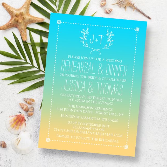 Monogram Wreath Beach Ombre Rehearsal Dinner Invitation (Creator Uploaded)