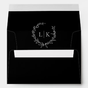 Monogram Wreath Black   White Classic Wedding Envelope
