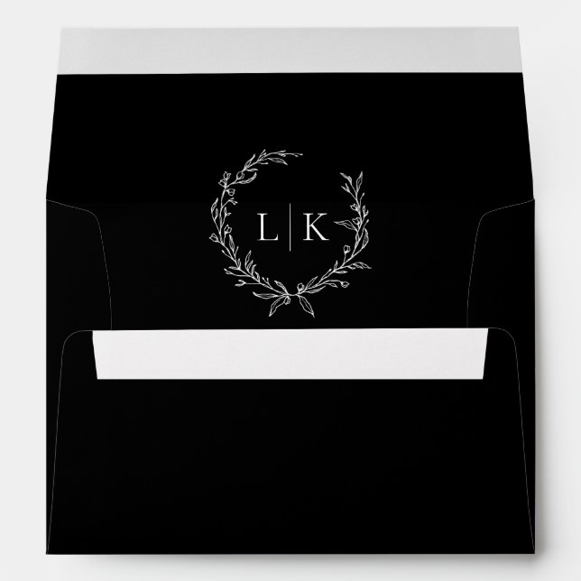 Monogram Wreath Black | White Classic Wedding Envelope (Back (Bottom))