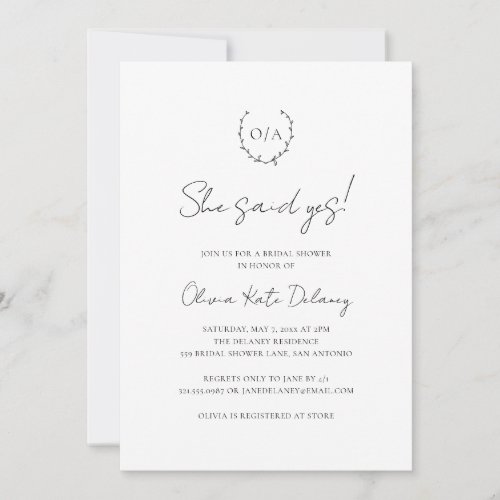 Monogram Wreath Black White Elegant Bridal Shower Invitation