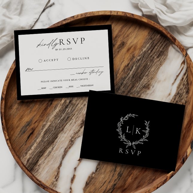 Monogram Wreath Black White RSVP Wedding Enclosure Card (Creator Uploaded)