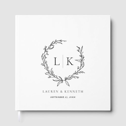Monogram Wreath Black White Wedding Guest Book