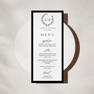 Monogram Wreath Black White Wedding Menu Card