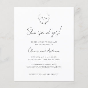 Monogram Wreath Budget Engagement Party Invitation