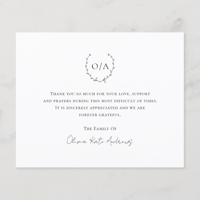 Monogram Wreath Budget Funeral Thank You Card (Front)