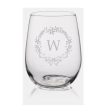 Monogram Wreath Christmas Holidays Stemless Wine Glass