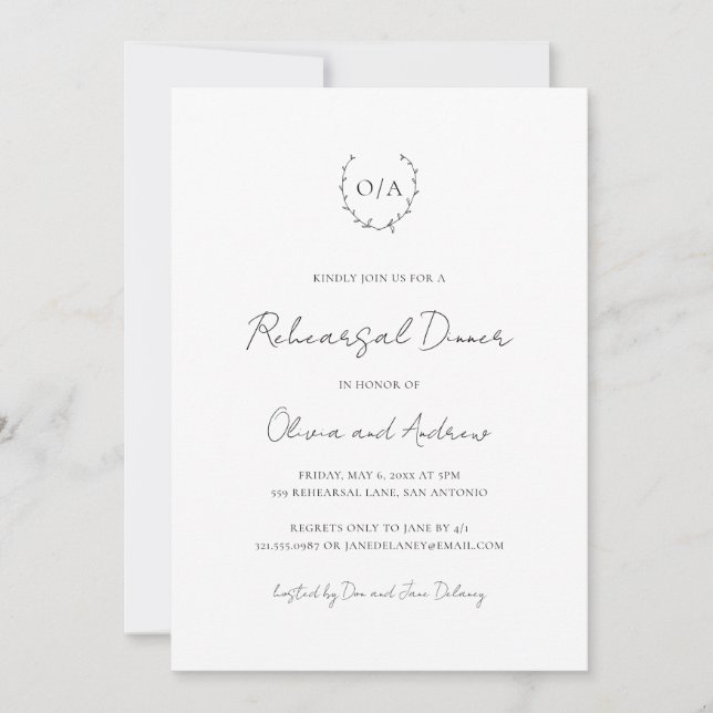 Monogram Wreath Classic Elegant Rehearsal Dinner Invitation (Front)