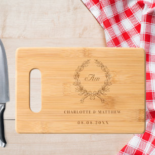 Monogram wreath couple wedding engraved cutting board