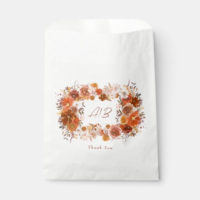 Monogram Wreath Cream Floral Terracotta Wedding Favor Bag (Front)