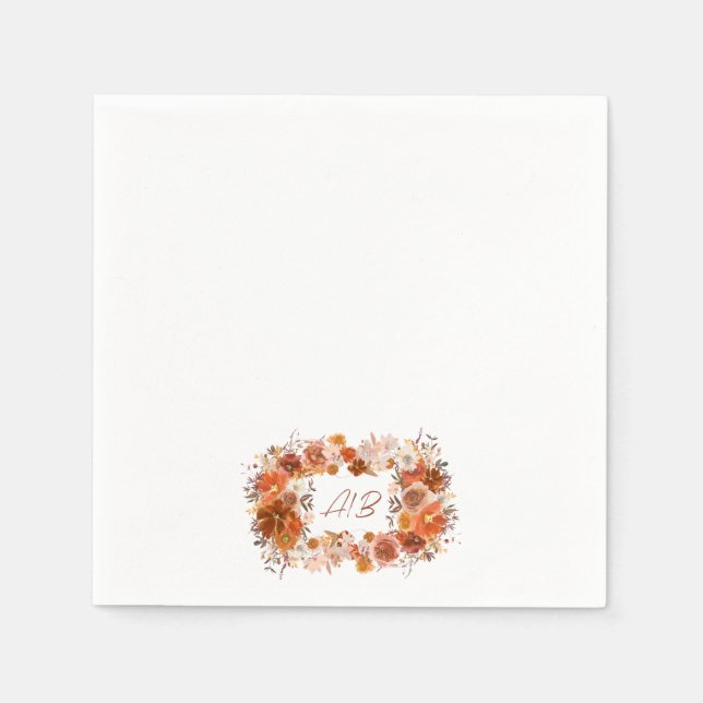 Monogram Wreath Cream Floral Terracotta Wedding Napkins (Front)