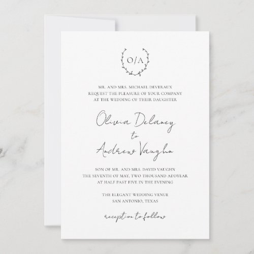 Monogram Wreath Crest Elegant All In One Wedding Invitation