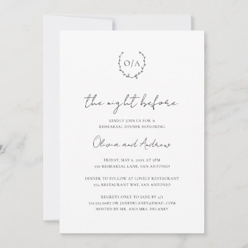 Monogram Wreath Crest Elegant Rehearsal Dinner Invitation