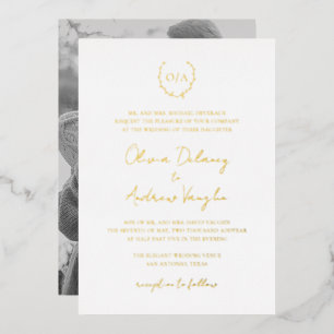Monogram Wreath Crest Photo Elegant Wedding Gold Foil Invitation