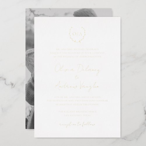 Monogram Wreath Crest Photo Elegant Wedding Gold Foil Invitation