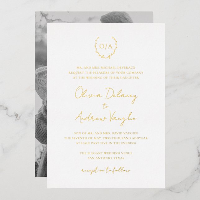 Monogram Wreath Crest Photo Elegant Wedding Gold Foil Invitation (Front/Back)