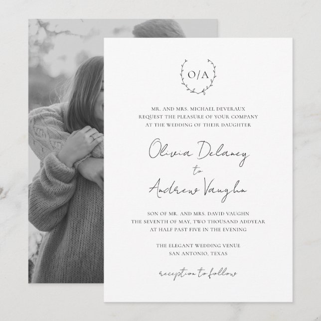 Monogram Wreath Crest Photo Elegant Wedding Invitation (Front/Back)