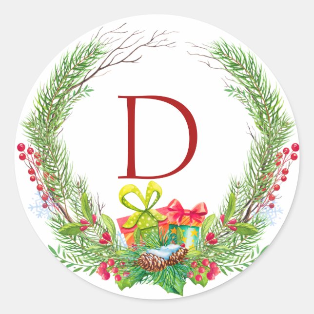 Monogram Wreath Design Classic Round Sticker (Front)