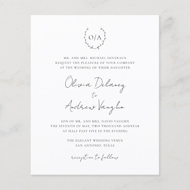 Monogram Wreath Elegant Budget Wedding Invitation (Front)