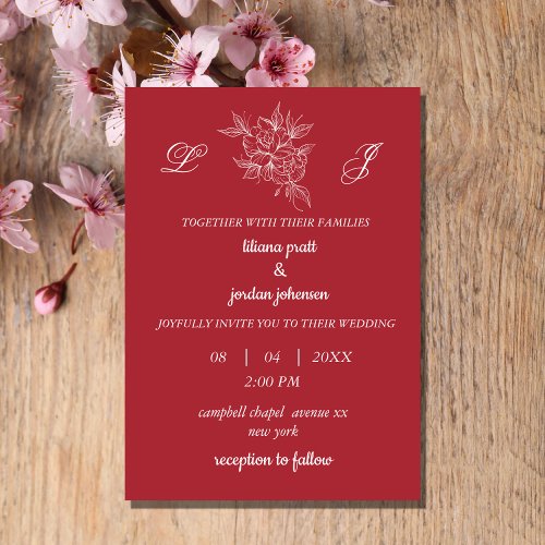 monogram wreath elegant MAGENTA WEDDING   Invitation