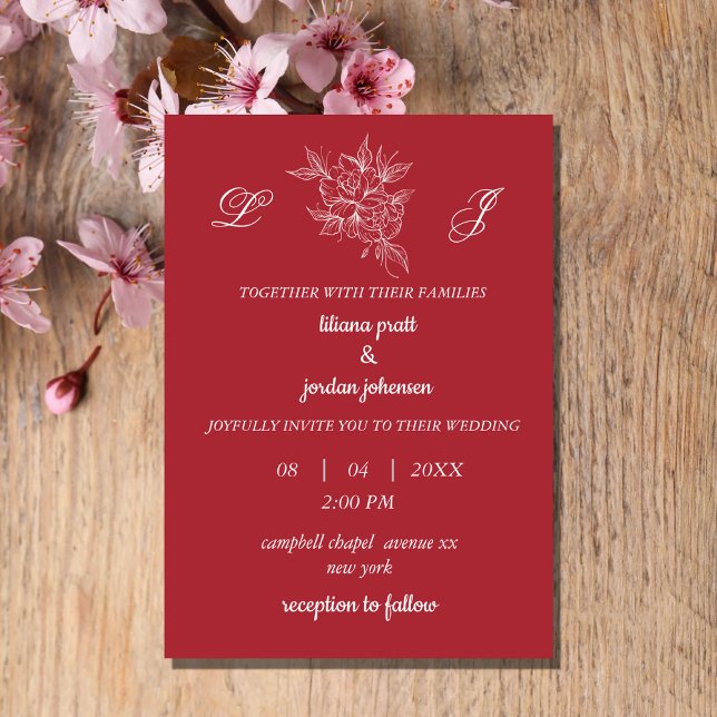 monogram wreath elegant MAGENTA WEDDING   Invitation (Creator Uploaded)