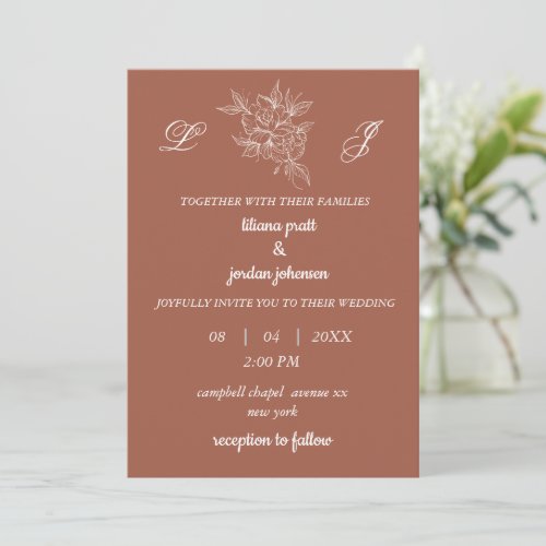 monogram wreath elegant TERRACOTTA WEDDING  Invitation