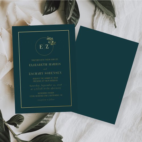 Monogram Wreath Emerald Green Gold Wedding Foil Invitation