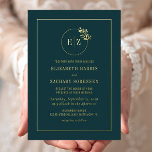 Monogram Wreath Emerald Green Gold Wedding Foil Invitation